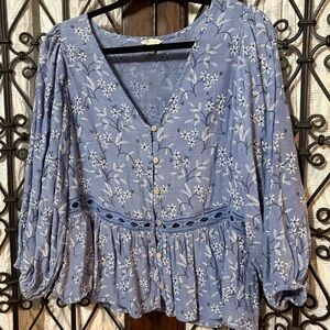Cato Blue and White Floral Button-Up Blouse